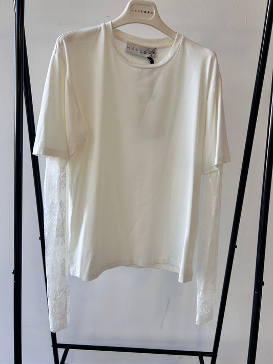 T-shirt bianca manica pizzo Haveone