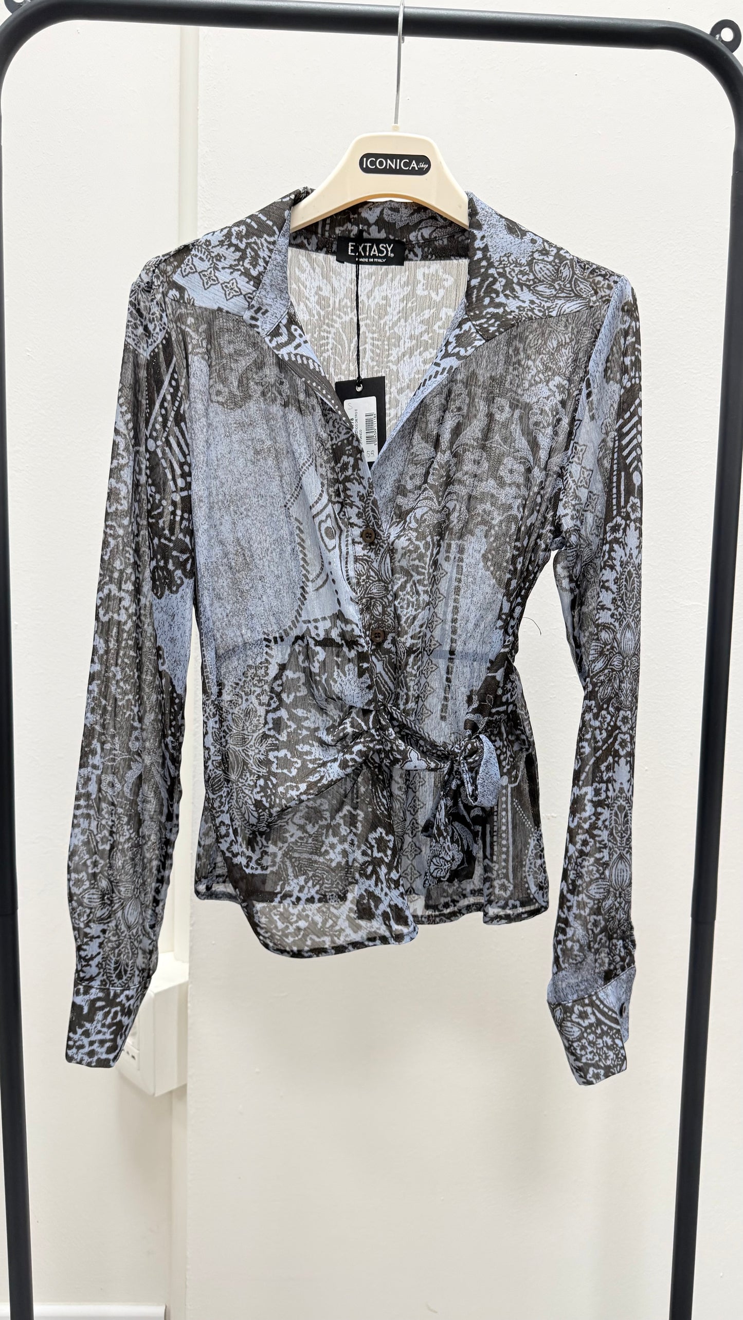 Camicia georgette fantasia con nodo Extasy azzurro moro e lurex