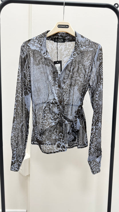 Camicia georgette fantasia con nodo Extasy azzurro moro e lurex