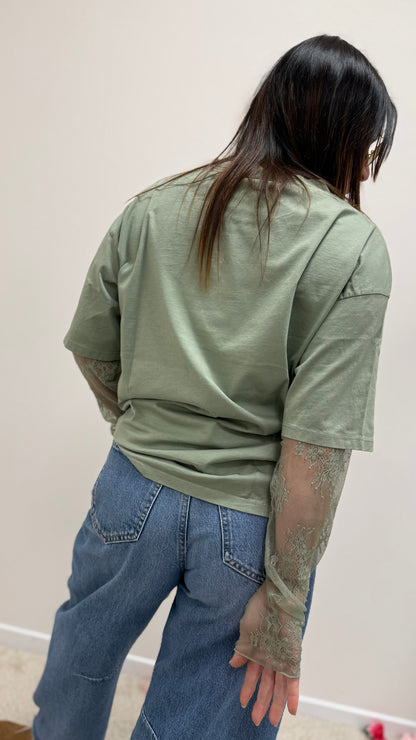 Susy Mix T-Shirt con Manica in Pizzo Verde Salvia
