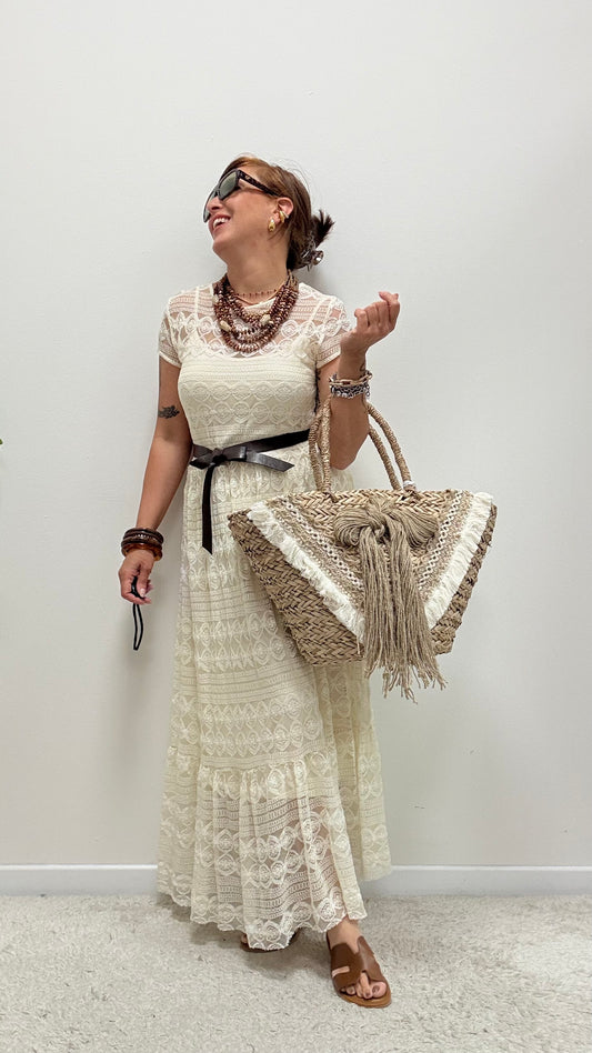 Abito pizzo burro con balze e sottoveste Susy Mix
