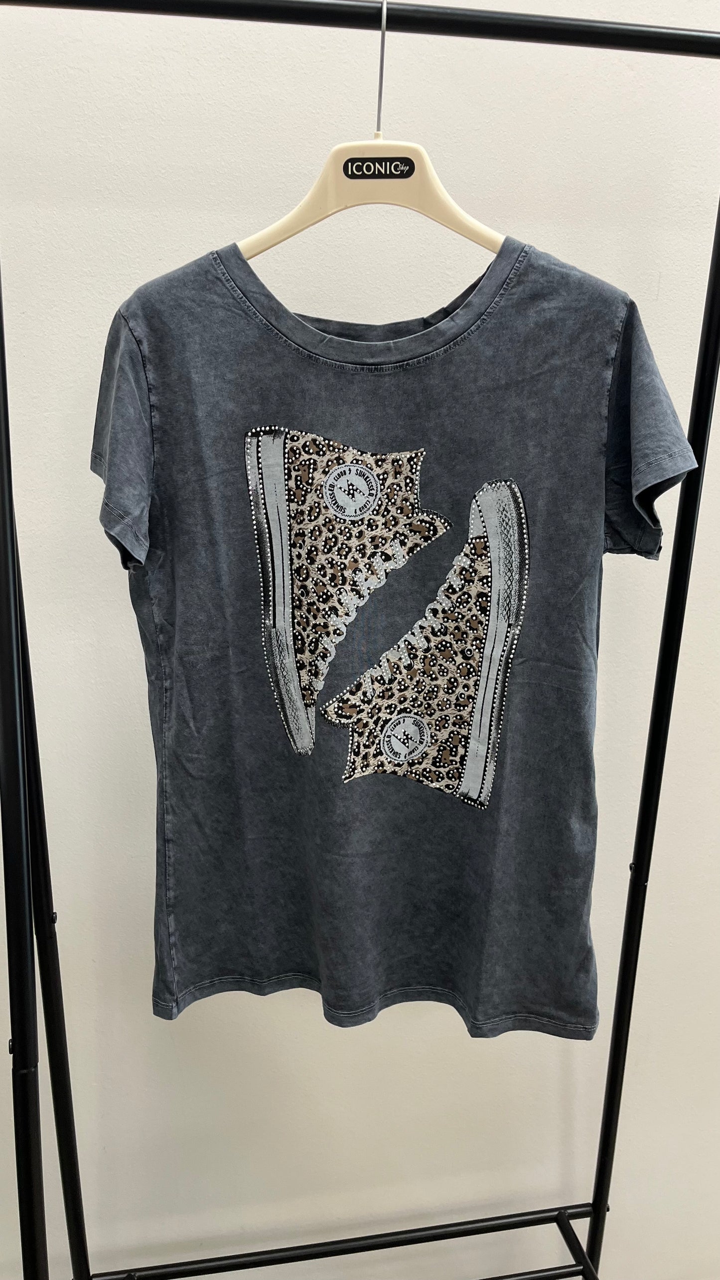 T-Shirt Grigia con Stampa e  Strass Memoire