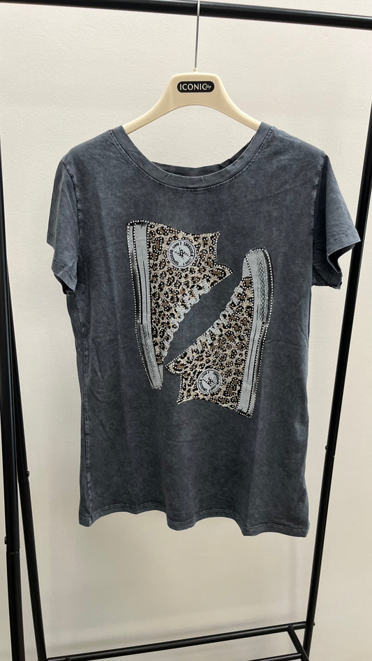 T-Shirt Grigia con Stampa e  Strass Memoire
