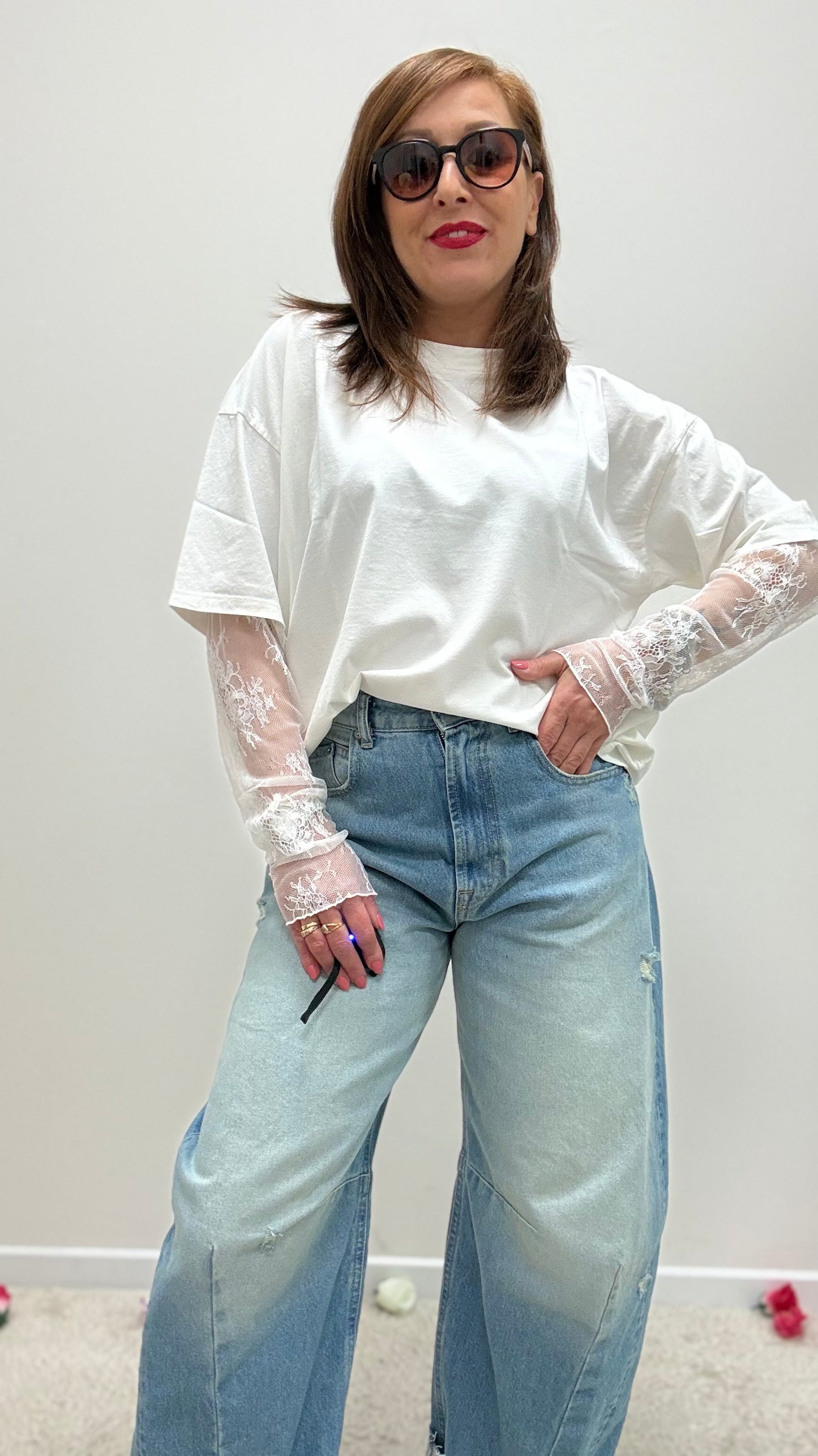 Susy Mix T-Shirt con Manica in Pizzo Bianca