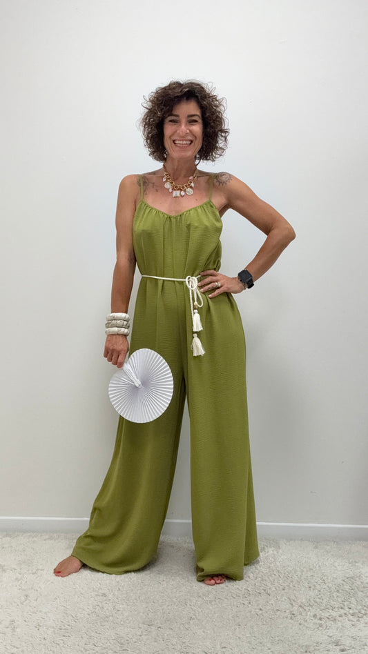 Tuta verde olio con spalline e cintura Brend