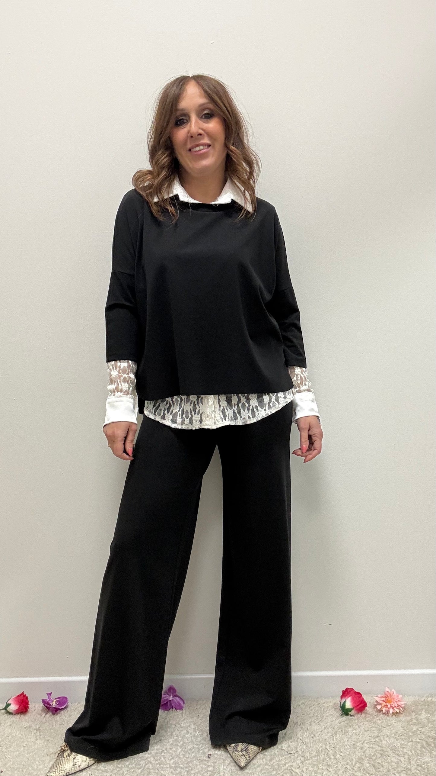 Completo blusa + pantaloni Extasy nero