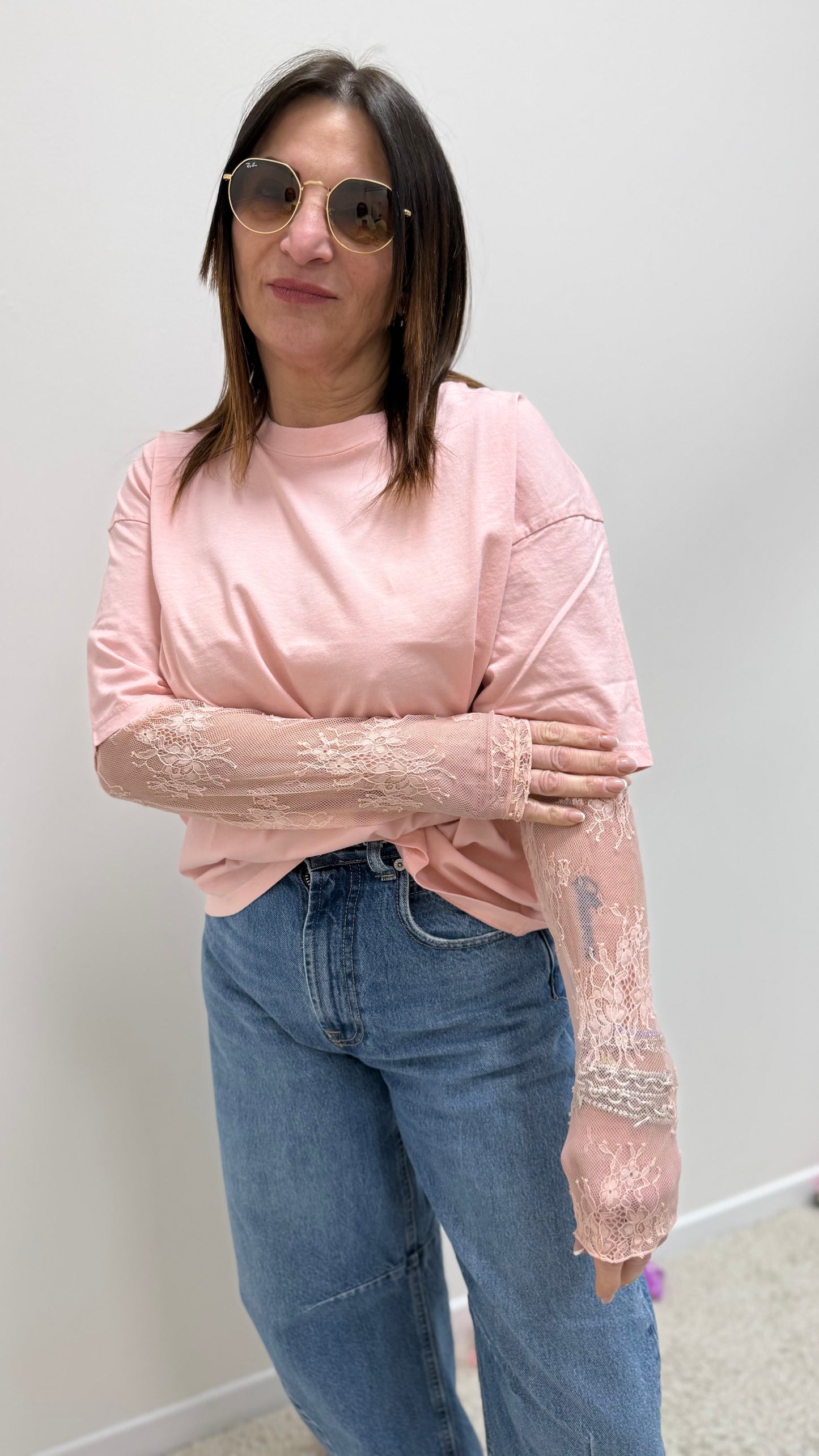 Susy Mix T-Shirt con Manica in Pizzo Rosa