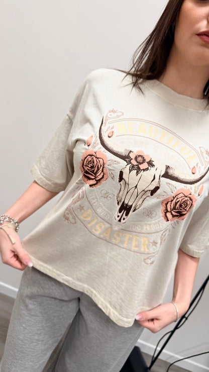 T-shirt rose skull Haveone sabbia slavato
