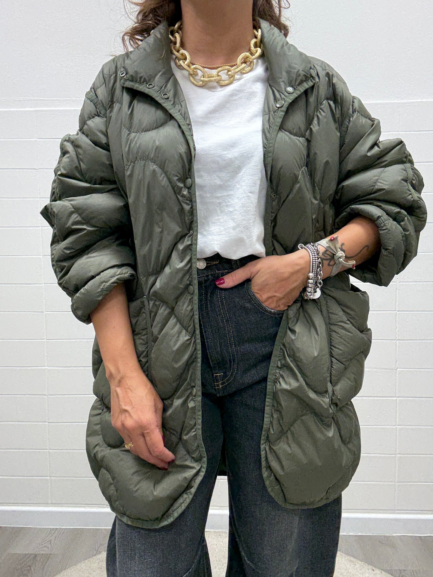 HaveOne Piumino Lungo Trapuntato Verde Militare