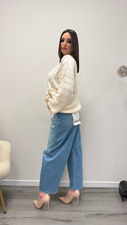 Cardigan traforato con coulisse regolabile Haveone burro