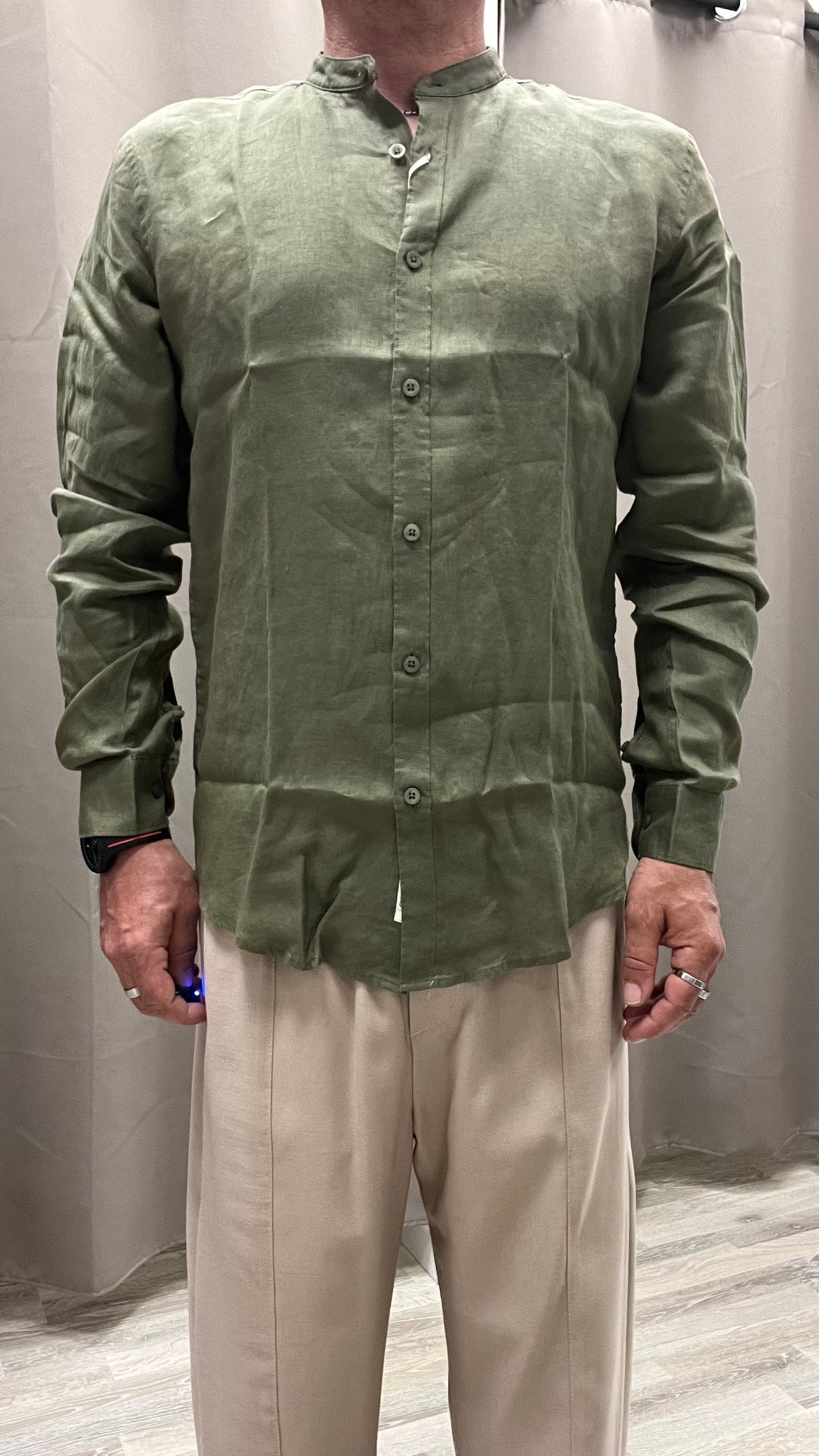 Camicia in Lino Verde Militare Collo Coreana Gianni Lupo