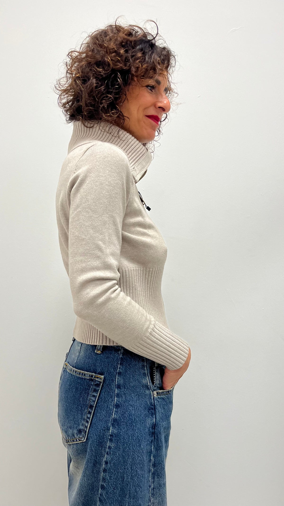 Maglia liscia con zip Extasy tortora