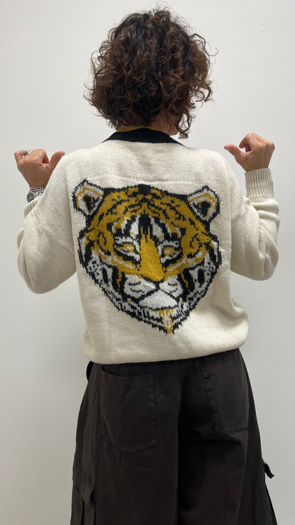 Cardigan donna burro con maxi tigre ricamata sulla schiena My-d