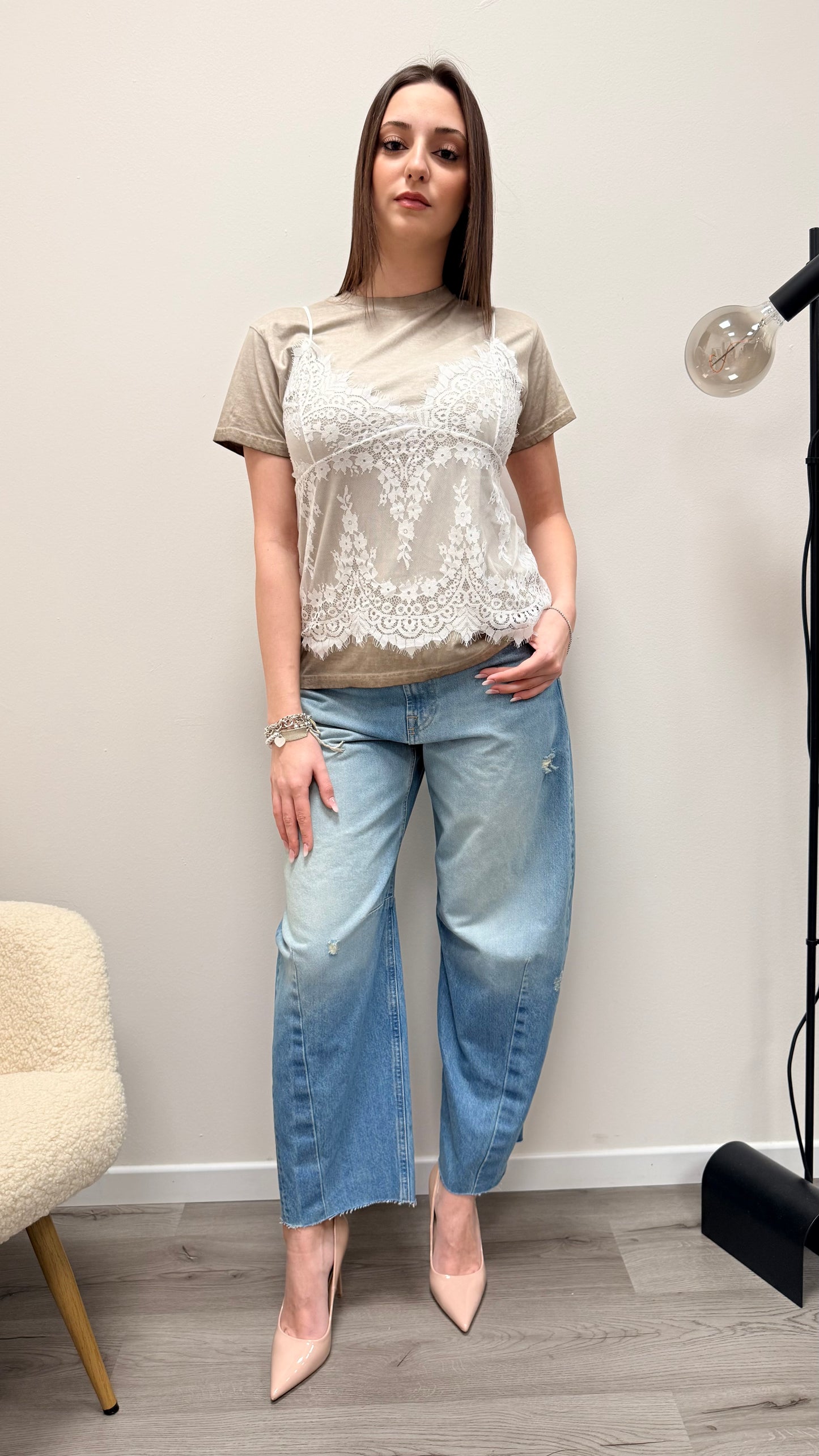 T-shirt top pizzo Haveone fango slavato