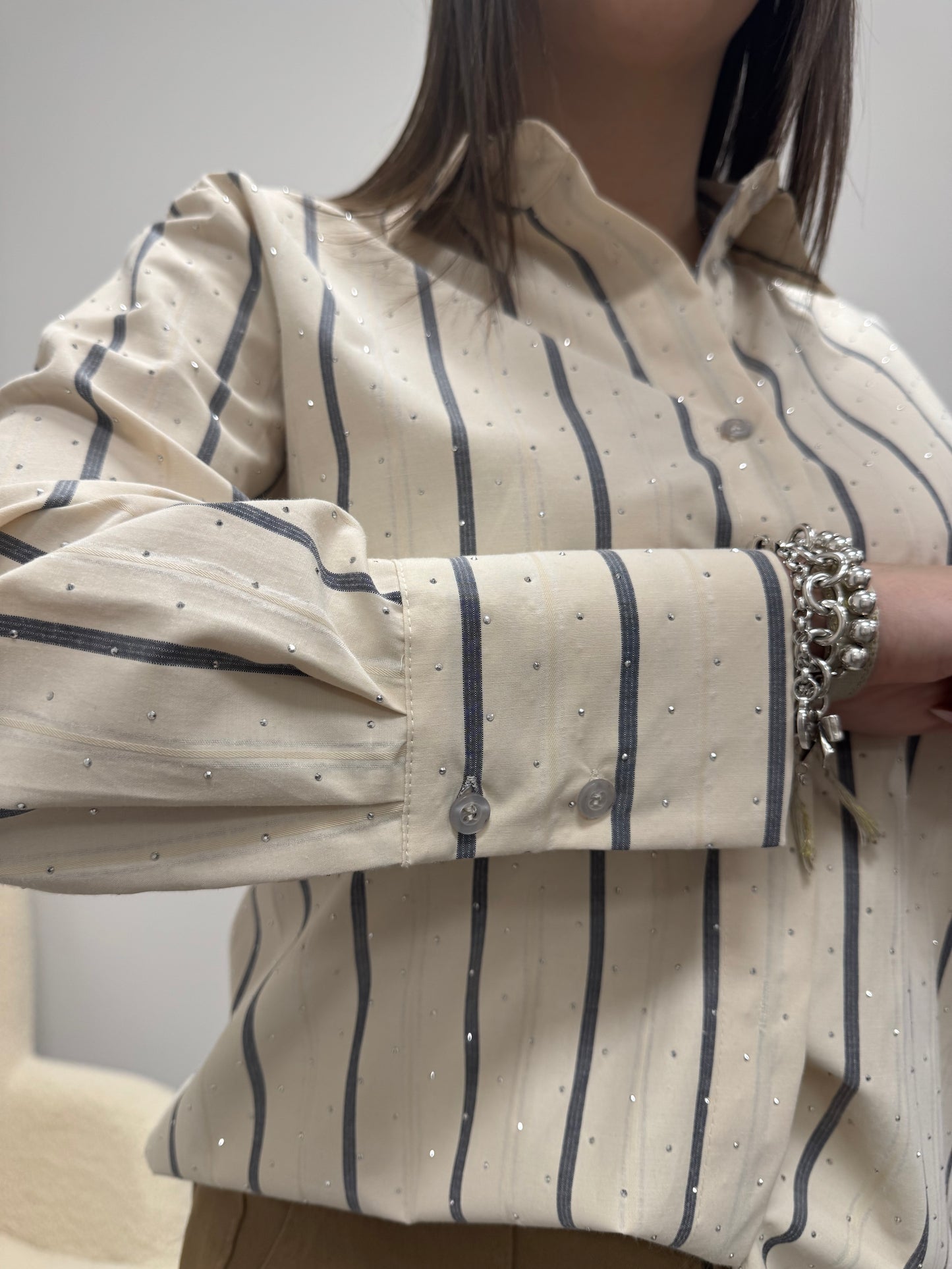 Camicia Righe burro e grigio con strass Haveone