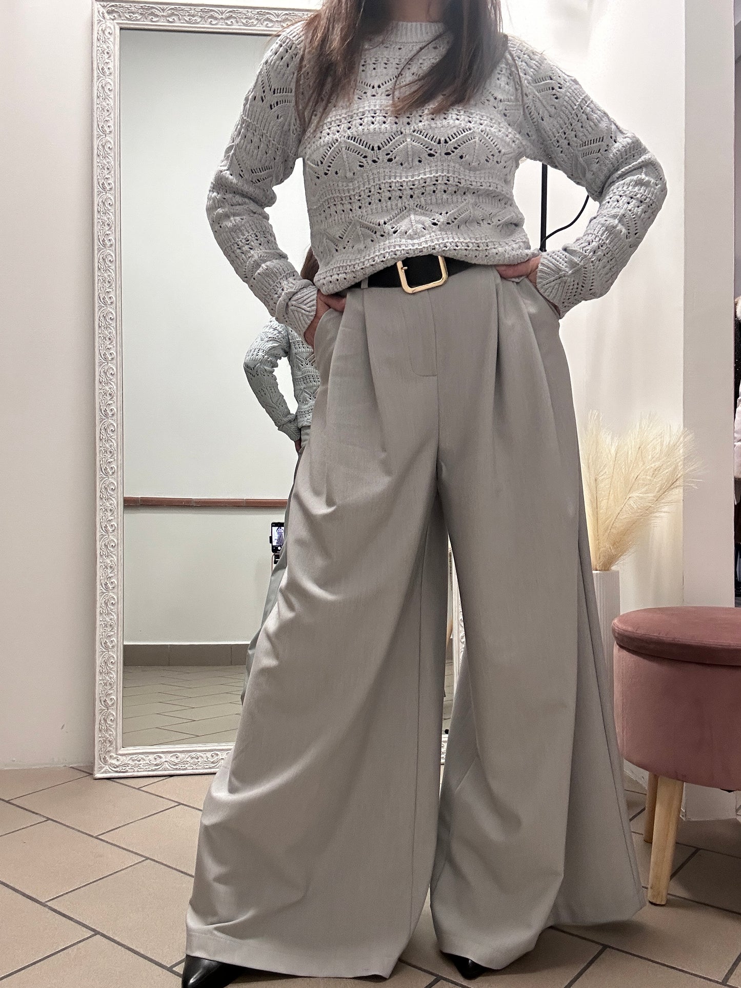 Haveone Grey Palazzo Pants With Belt