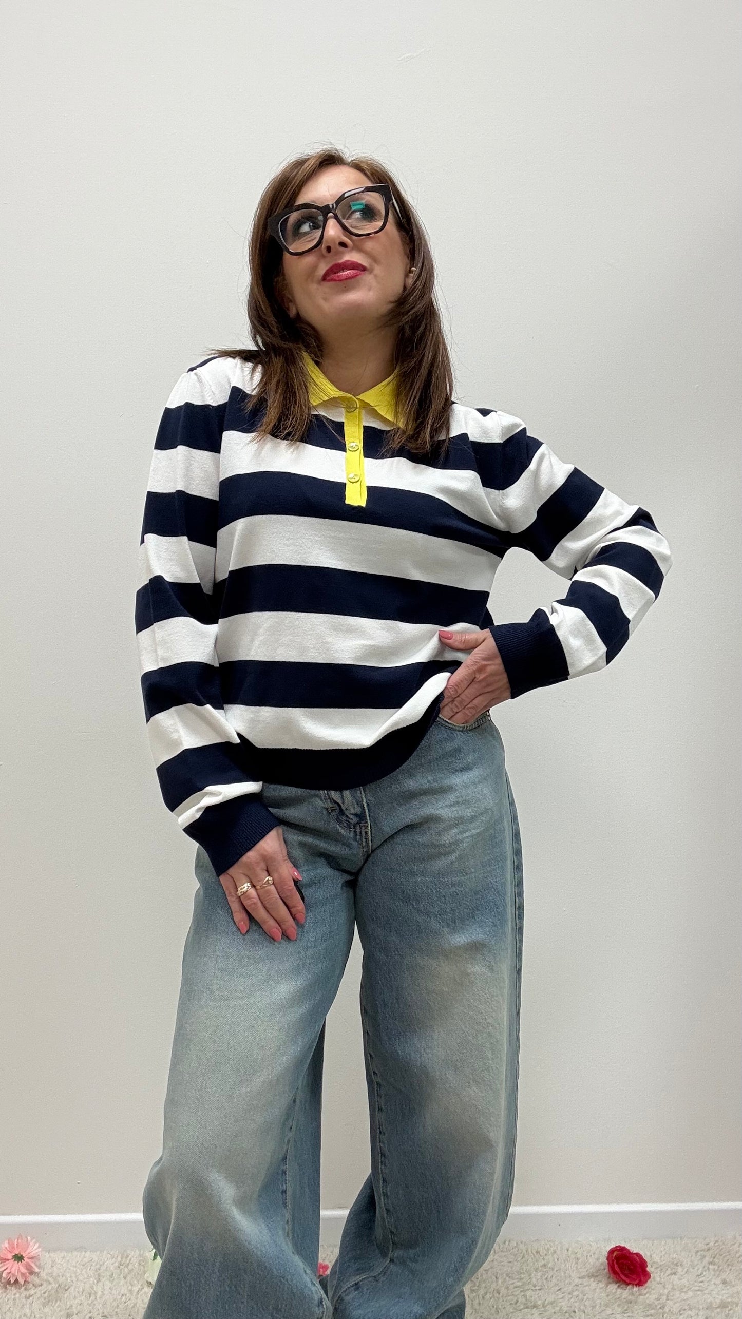 Polo righe blu con colletto a contrasto Tensione in