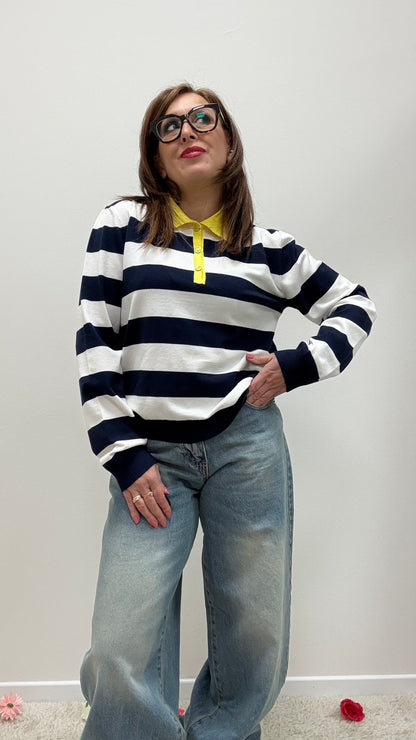 Polo righe blu con colletto a contrasto Tensione in