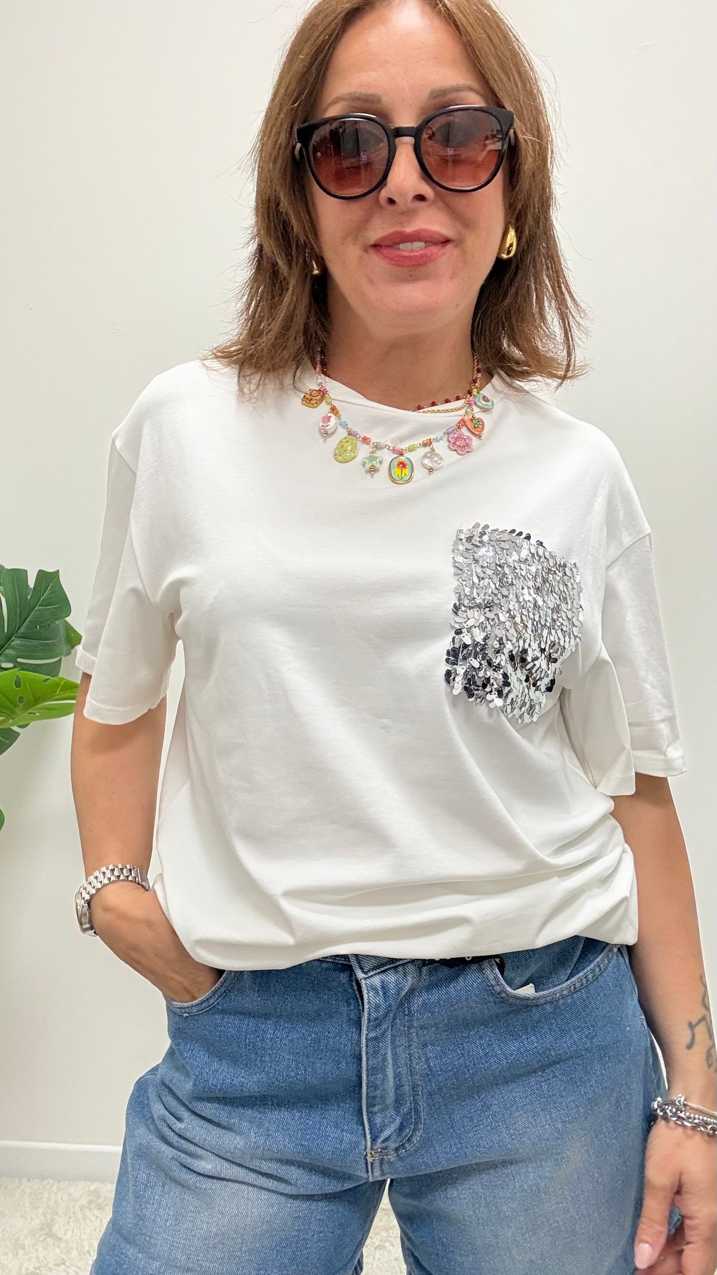 T-shirt tasca paillettes Bianca Susy Mix
