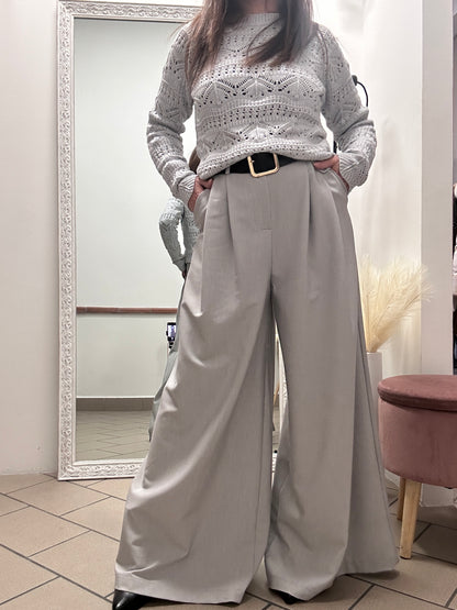 Haveone Grey Palazzo Pants With Belt