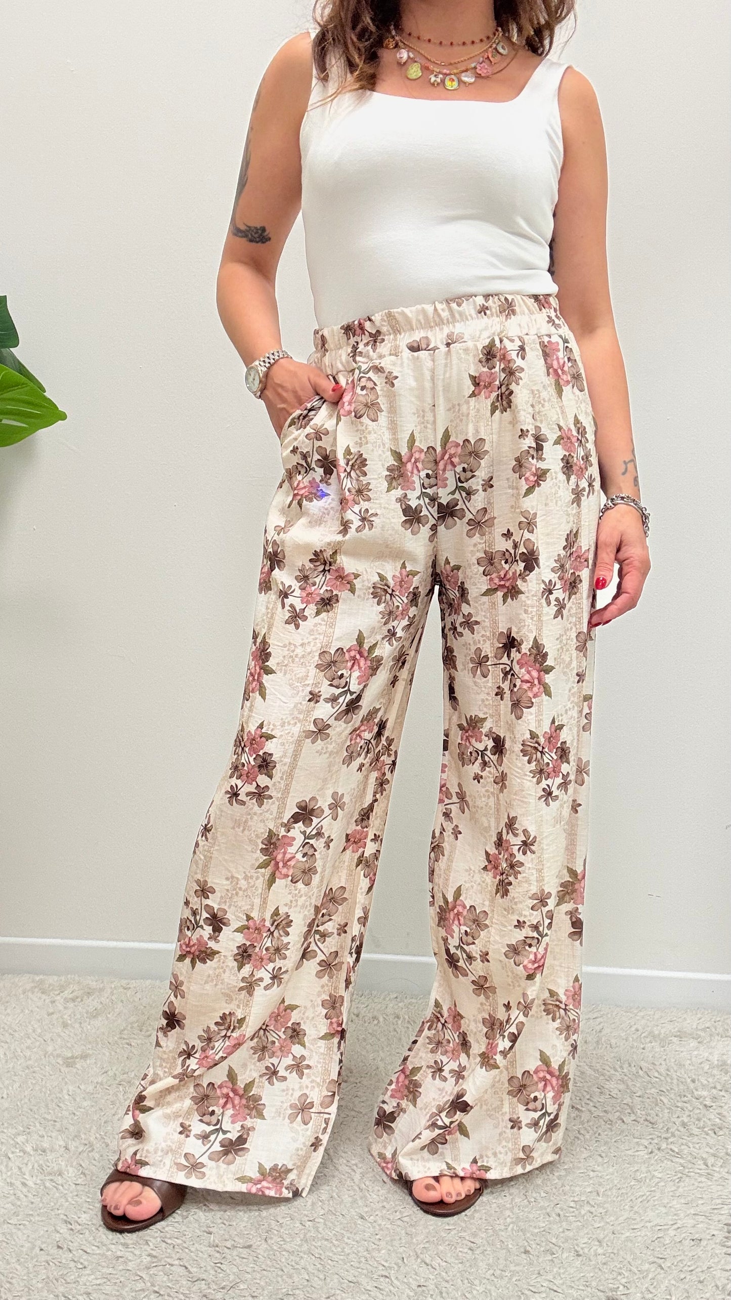 Pantalone Palazzo fiore rosa Extasy