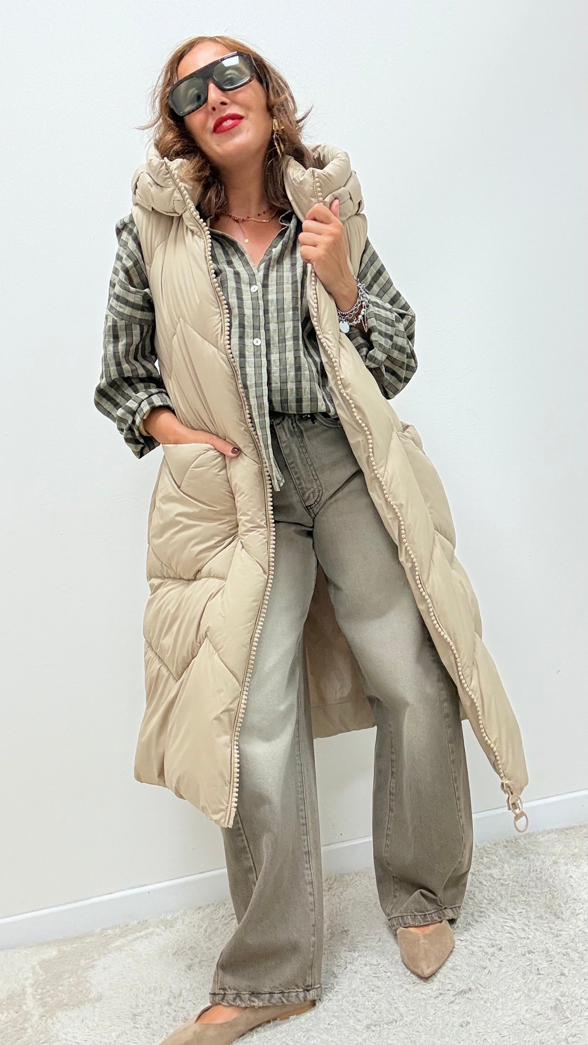 Gilet trapuntato con cappuccio Extasy beige