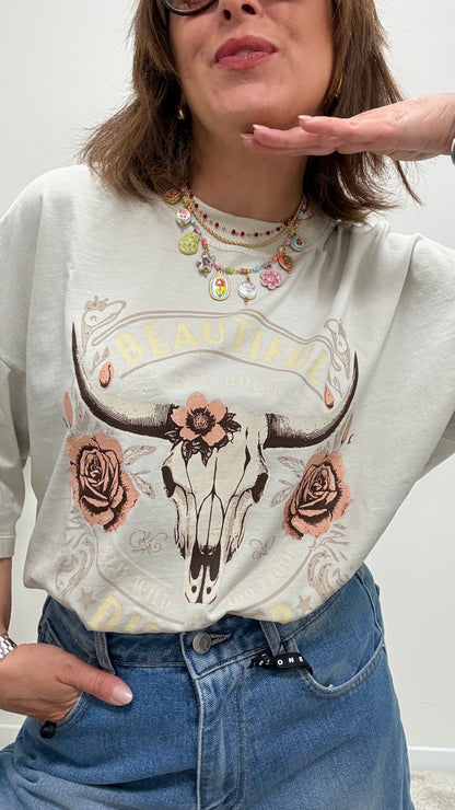 T-shirt rose skull Haveone sabbia