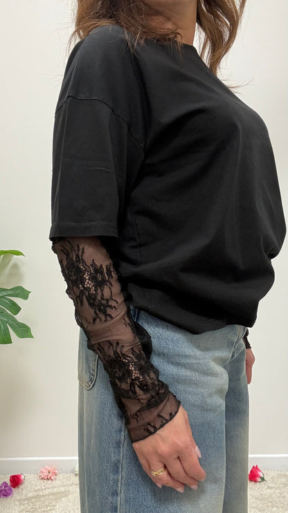 Susy Mix T-Shirt con Manica in Pizzo Nera