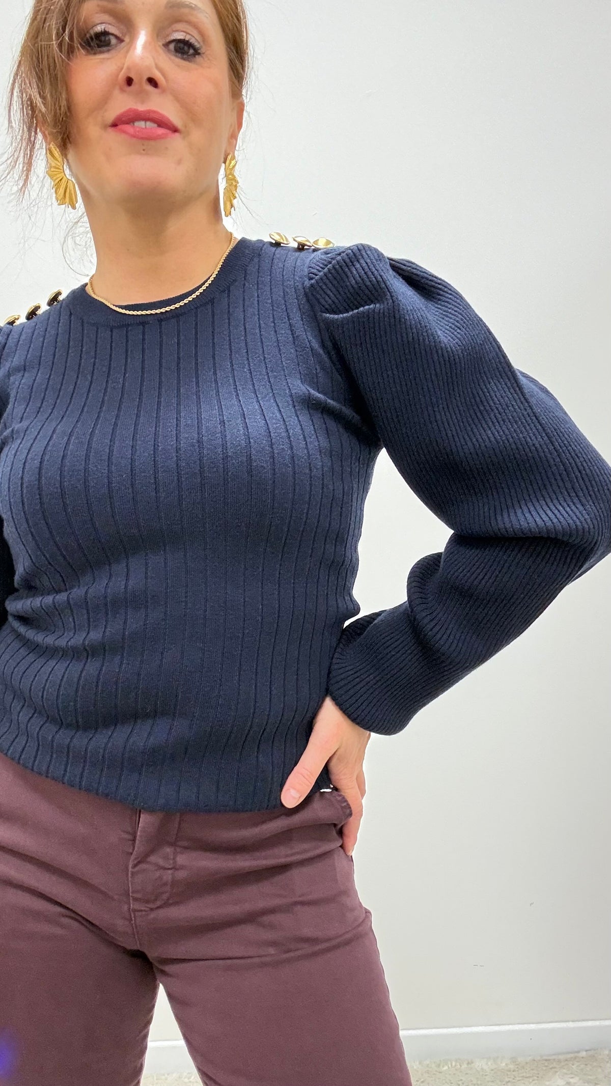 Maglia girocollo bottoni gioiello Extasy blu navy