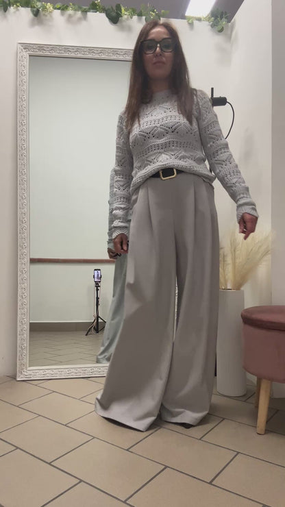 Haveone Grey Palazzo Pants With Belt